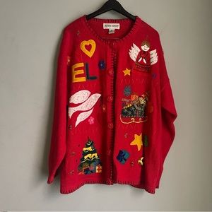 Vintage Victoria Harbour Christmas Cardigan XL Red